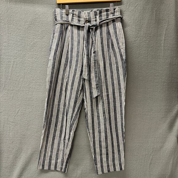Madewell Paperbag Pants Womens 4 Blue Linen Cotton Stripe Belted Coastal Crop - Picture 3 of 10